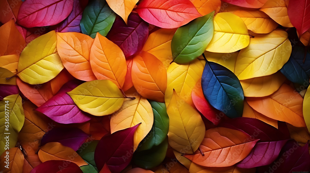 Colorful leaf with top view of a background of autumn leaves.