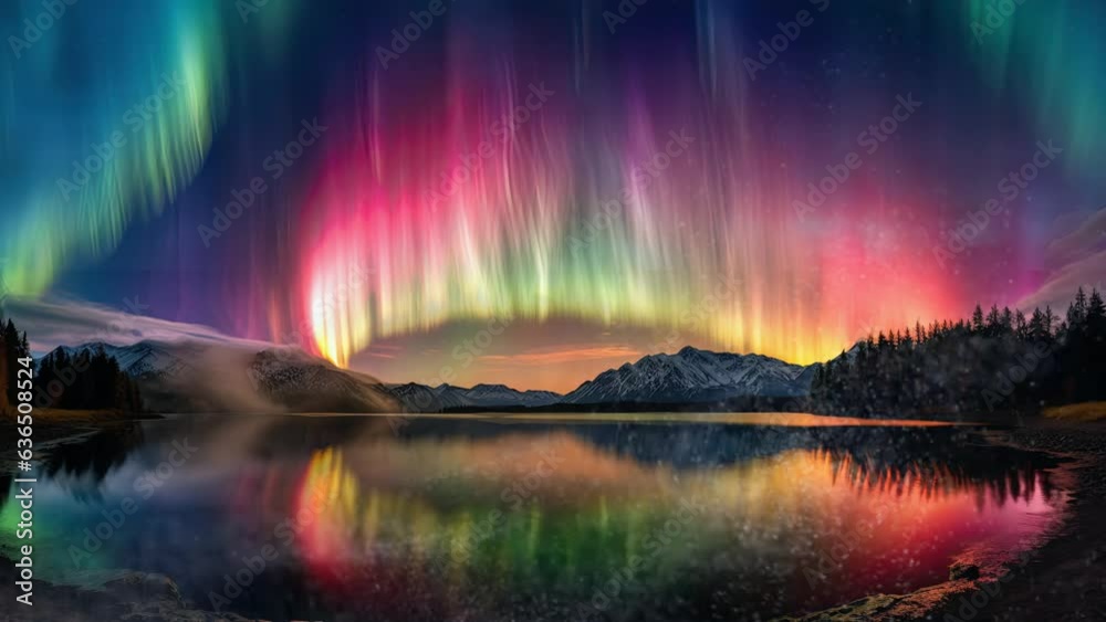 The sky of the unknown captivates, where multicolored auroras form a graceful cosmic performance, A panorama mingles celestial, aquatic, and dusk hues, embracing icy peaks and a serene lake The sky of the unknown captivates, where multicolored auroras form a graceful cosmic performance, A panorama mingles celestial, aquatic, and dusk hues, embracing icy peaks and a serene lake