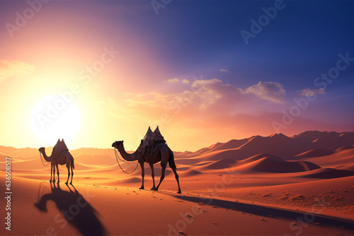 a photograph of a desert landscape and a herd of camels