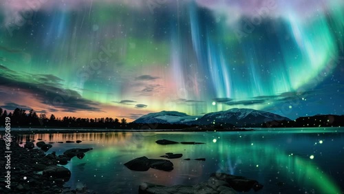 Alien sky amazes, Auroras of many colors encircle, as a mesmerizing cosmic ballet unfolds overhead. A vista blends cosmic, oceanic, and sunset tones, encompassing frozen mountains and a tranquil lake
