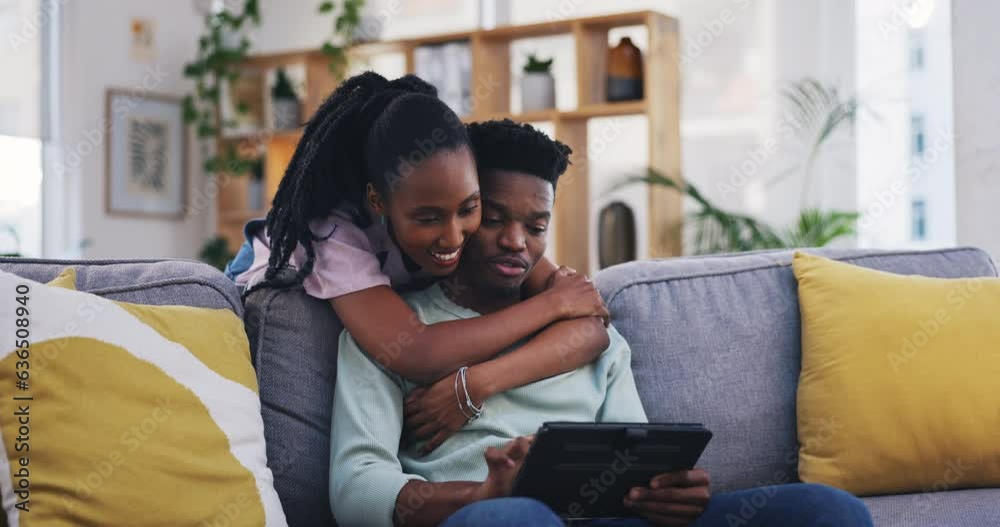 Tablet, hug or black couple online shopping to search on social media for ecommerce on internet connection. Love, home or woman talking to an African man or reading news on blog to relax on sofa