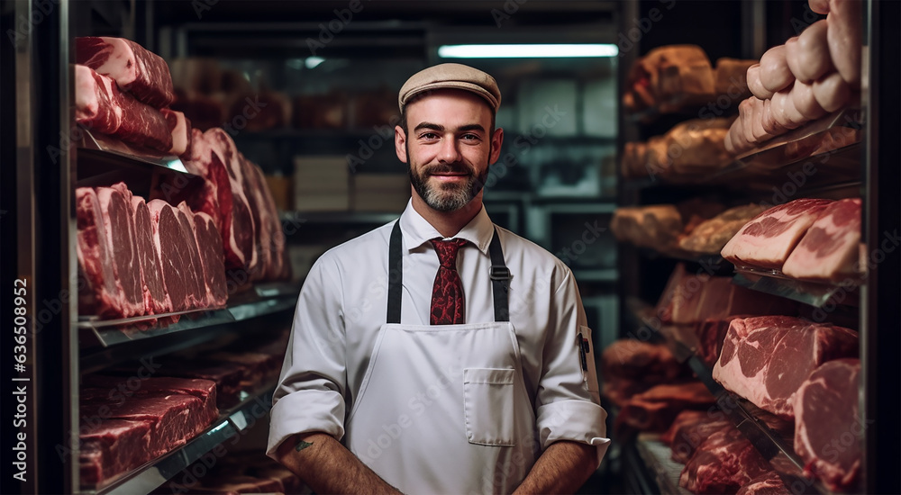 Man standing in front of shelves with raw meat Man standing in front of shelves with raw meat