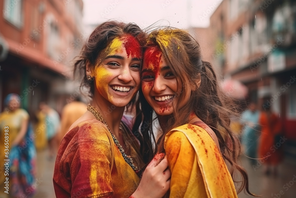 two Indian women in national sari dress walk down the street in India. throwing paint on the holiday. festival of colors Holi.