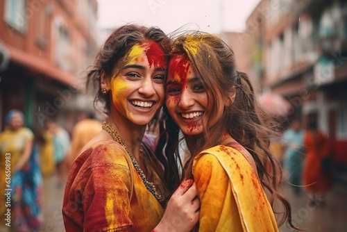 two Indian women in national sari dress walk down the street in India. throwing paint on the holiday. festival of colors Holi.
