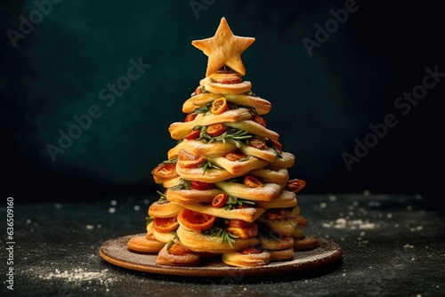 Christmas tree of pizza with a star. photo of christmas food. 