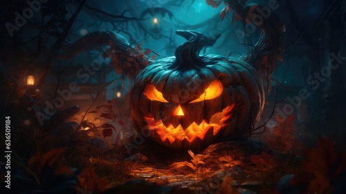 huge pumpkin at night, halloween mood style, nightmarish illustrations. Happy Halloween and scary night background photo