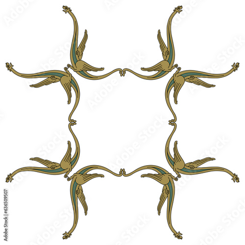 Rectangular animal frame or square ornament with winged medieval dragons.  Illuminated manuscript style. Isolated vector illustration.