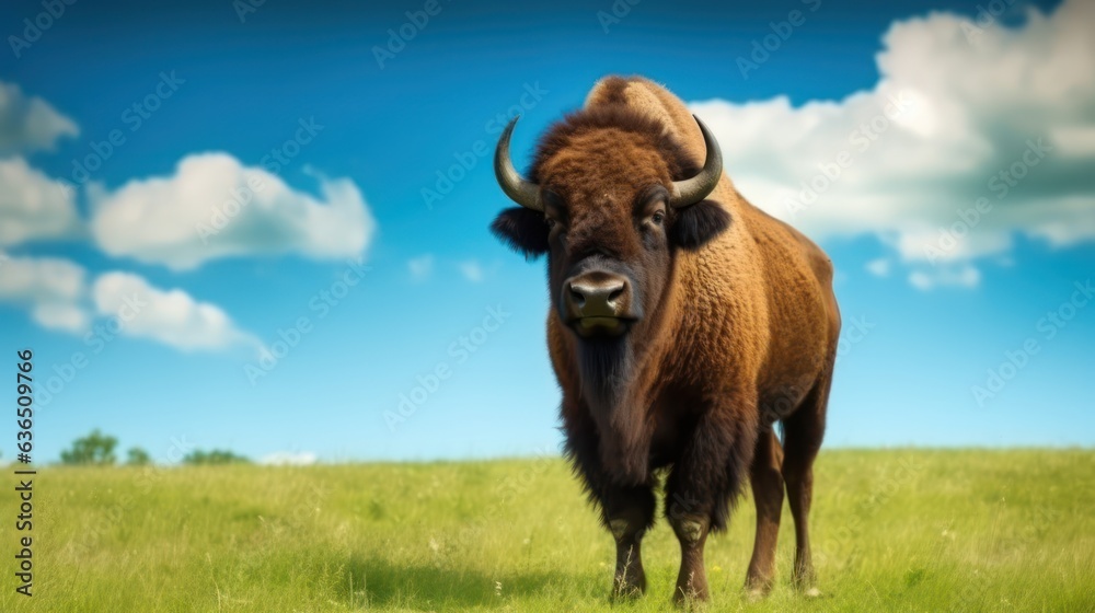 american bison in field with blue sky 