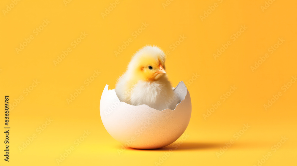 small yellow chicken in a shell on a yellow background. postcard with copy space, easter concept. small yellow chicken in a shell on a yellow background. postcard with copy space, easter concept.