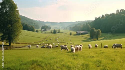 sheep and goats graze on the green meadow of the farm against the backdrop of a beautiful landscape.  photo