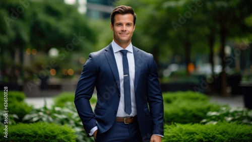 A Confident and Sophisticated Urban Executive: A Well-Dressed Man in a Blue Suit and White Collared Shirt, Standing Confidently in a Lush Green Park with High-Rise Buildings in the Background