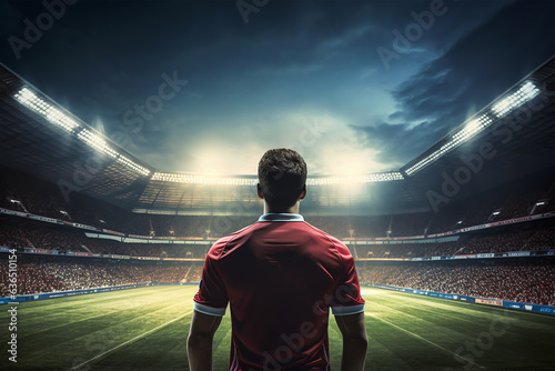 Rear view of football player in red jersey on stadium at night © Mr. Muzammil