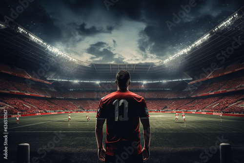 Fotografie, Obraz Rear view of football player in red jersey on stadium at night