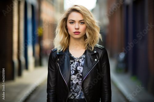 Elegantly Empowered: A Captivating Portrait of a Business Woman Exuding Confidence in a Striking Patterned Kimono-Style Top Complemented by a Sleek Black Leather Jacket