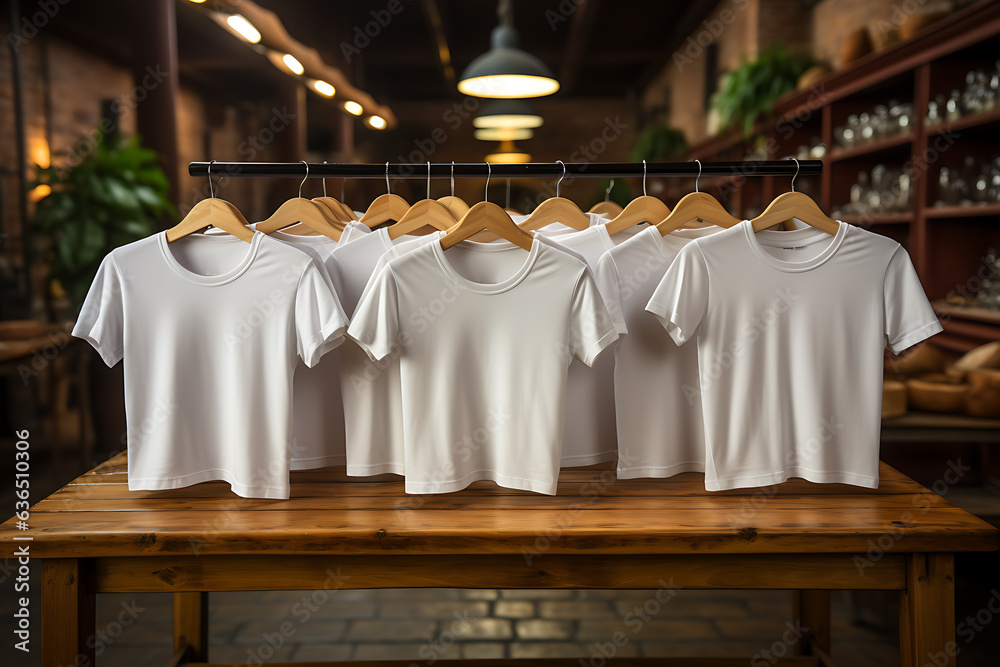 Mockup of a T-shirt hanging on a hanger in a store Mockup of a T-shirt hanging on a hanger in a store