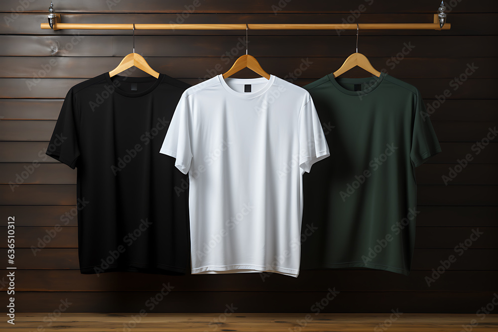 Mockup of a T-shirt hanging on a hanger in a store