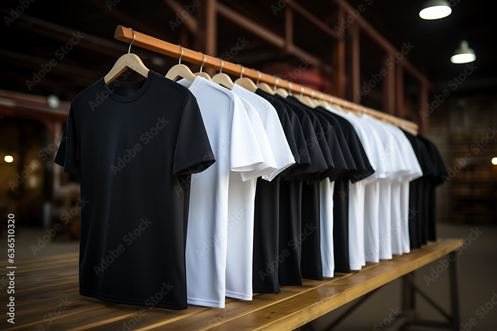 Mockup of a Tshirt hanging on a hanger in a store Mockup of a Tshirt hanging on a hanger in a store