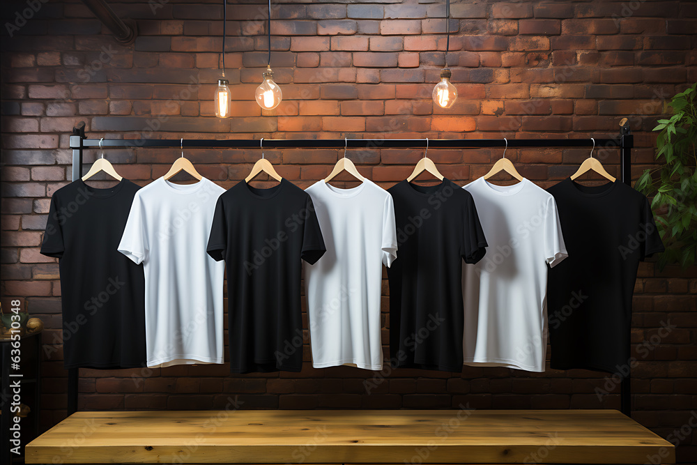 Mockup of a Tshirt hanging on a hanger in a store Mockup of a Tshirt hanging on a hanger in a store