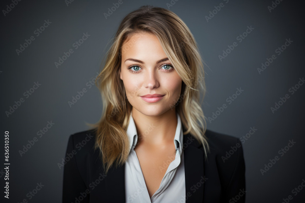 Confident and Successful Businesswoman with Blue Eyes, Powerfully Engaging the Viewer in a Professional Setting Confident and Successful Businesswoman with Blue Eyes, Powerfully Engaging the Viewer in a Professional Setting