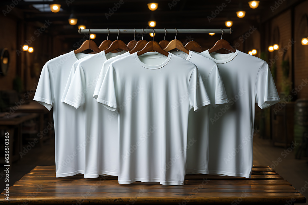Mockup of a Tshirt hanging on a hanger in a store Mockup of a Tshirt hanging on a hanger in a store