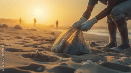 Hand picking up the trash on the beach 