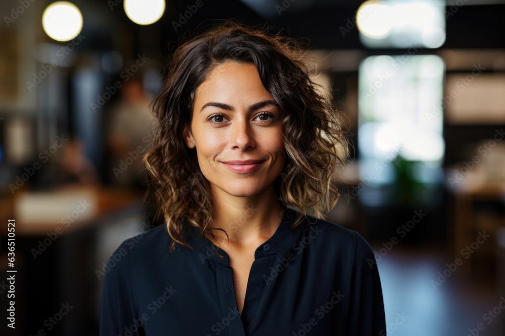 Obraz premium Empowered and Creative Businesswoman with Unconventional Style, Pierced Nose, and Confident Body Language, Looking at Viewer with a Smile