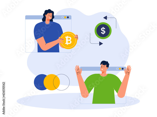 Vector cartoon illustration cryptocurrency. Modern flat design concept of cryptocurrency. Cryptocurrency market abstract concept vector illustration