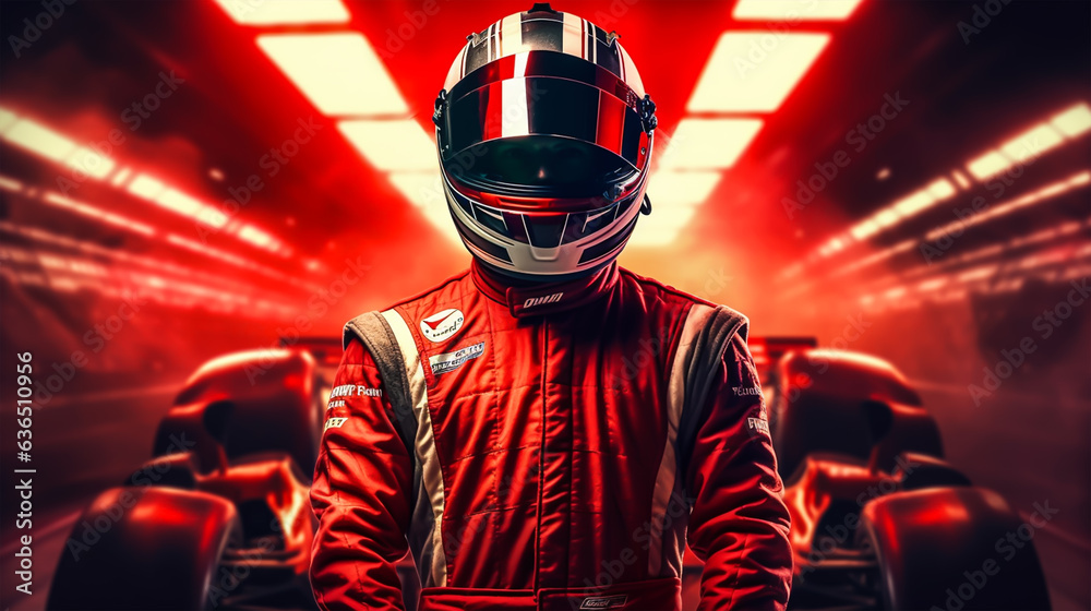 Close up of racing driver against race track with red lights - obrazy, fototapety, plakaty 