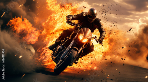 Racing motorcycle in flames. Motorcyclist on a motorcycle in smoke.
