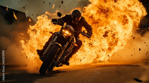 Racing motorcycle in flames. Motorcyclist on a motorcycle in smoke.