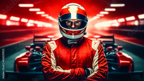 Close up of racing driver against race track with red lights