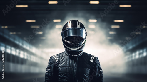 Close up of racing driver against race track with red lights