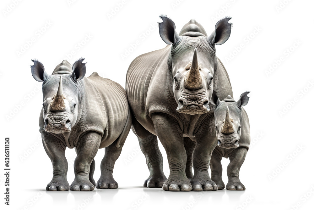 Fototapeta premium Image of family group of rhinoceross on white background. Wildlife Animals. Illustration, Generative AI.
