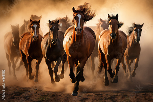 Image of herd of wild horses is running. Wildlife Animals. Generative AI. Illustration. © yod67