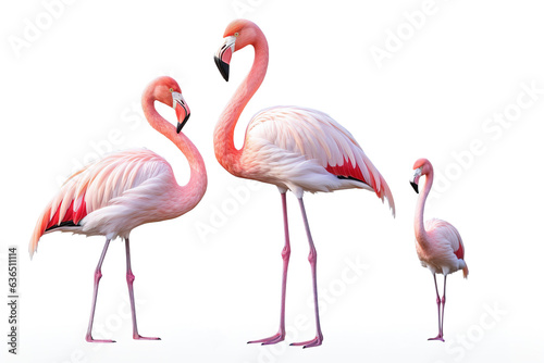 Image of family group of flamingo on white background. Bird. Wildlife Animals. Illustration  Generative AI.