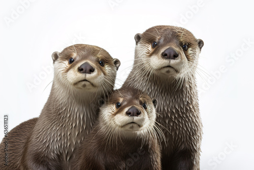 Image of family group of otters on white background. Wildlife Animals. Illustration, Generative AI. © yod67