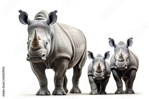 Image of family group of rhinoceross on white background. Wildlife Animals. Illustration  Generative AI.