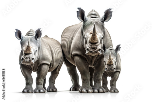 Image of family group of rhinoceross on white background. Wildlife Animals. Illustration  Generative AI.