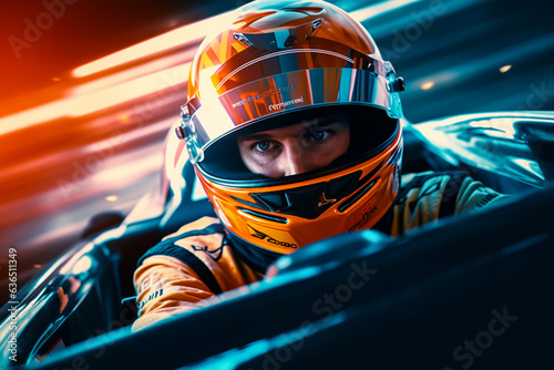 Close-up portrait of a young man driving a fast car on the race track.
