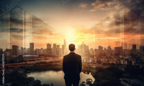 double exposure Perspective of a Businessman within the Urban Landscape, Symbolizing Achievement and Aspirations for Tomorrow