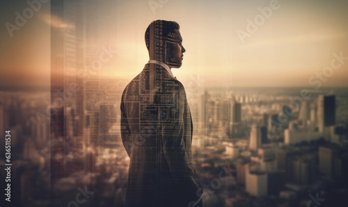 double exposure Perspective of a Businessman within the Urban Landscape, Symbolizing Achievement and Aspirations for Tomorrow
