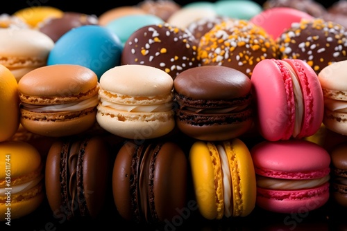 Close up of colorful macaroons on dark background
