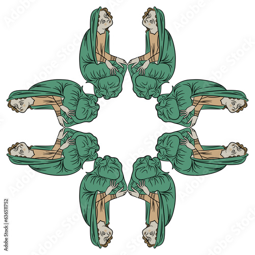 Geometrical cross shape frame design with sitting medieval women. Illuminated manuscript motif. Isolated vector illustration.