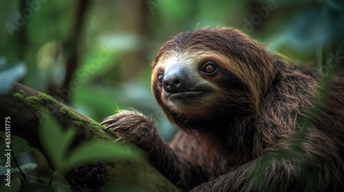 Three Toed Sloth in tree in Costa Rica Rainforest