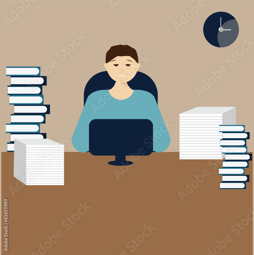 Old man works hard at an office. Overload paperwork. flat vector illustration.