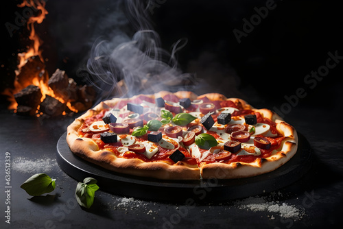 Hot pepperoni pizza tasty pizza on black background. 