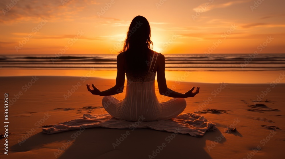 Back view of young lady fictional doing yoga on the beach at sunset