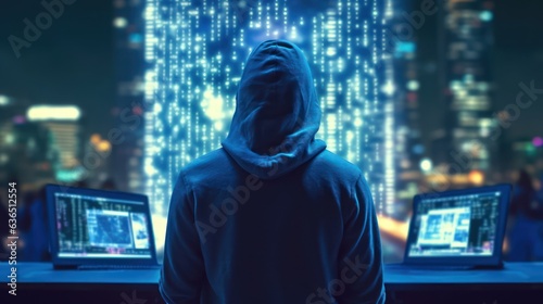 Back view of person fictional hacker using on computer with code technology background 