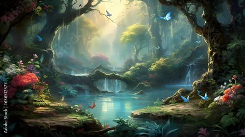 fantasy painting wallpaper of a forest landscape with a lake  plants  trees  roses  birds  peacocks  butterflies  and insects  AI Generative