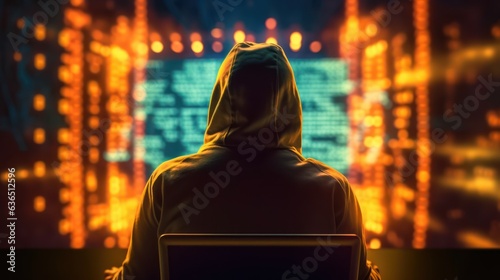 Back view of person fictional hacker using on computer with code technology background 
